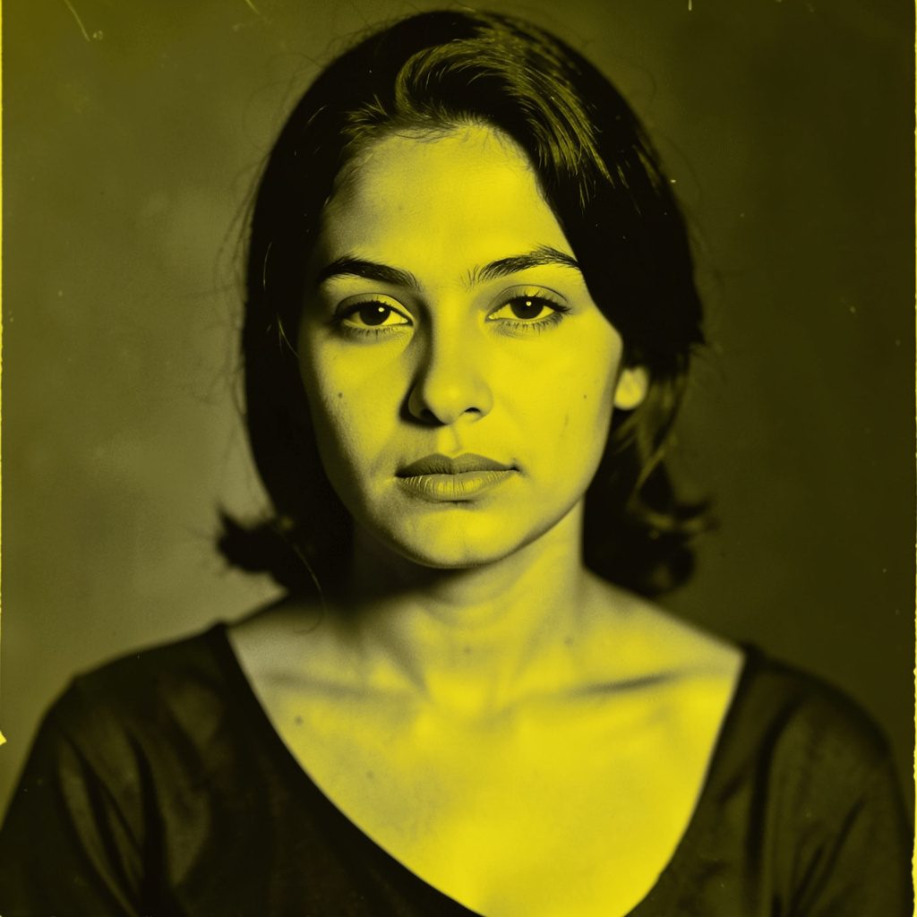 Portrait-style duotone image representing a customer testimonial, calm and neutral in tone